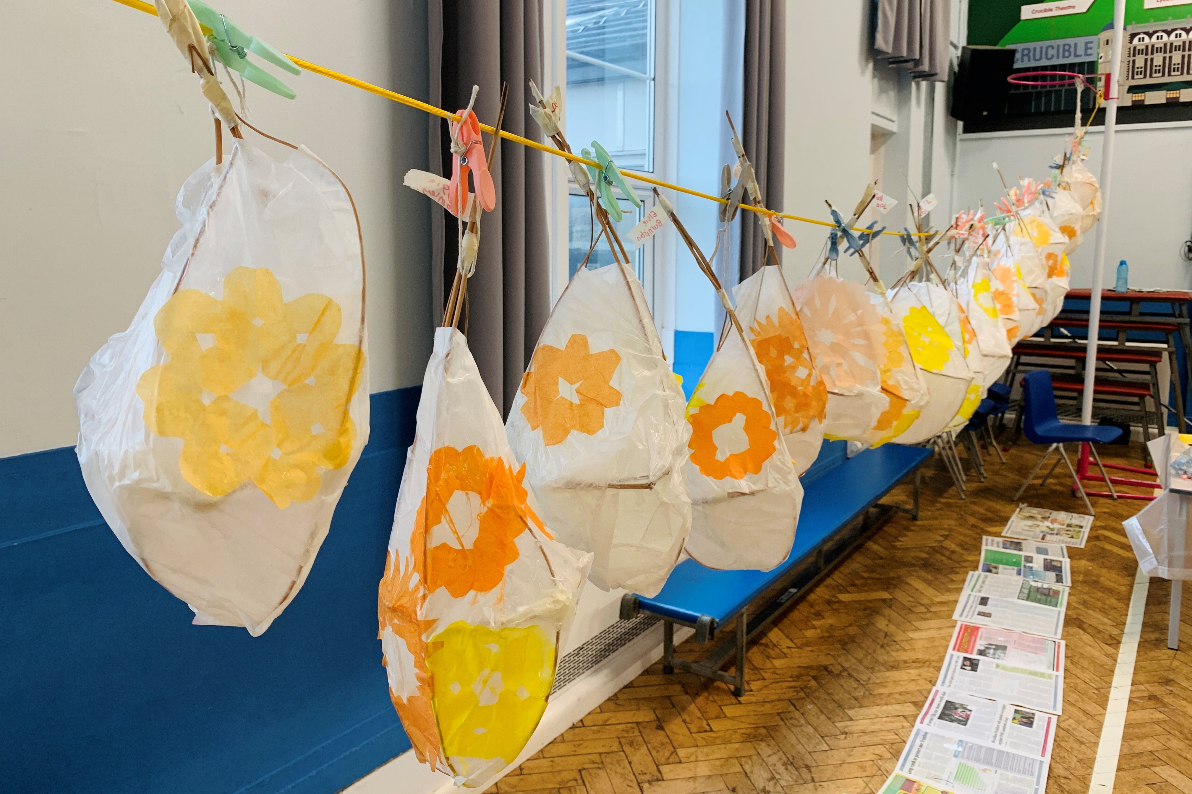 Shiregreen lantern parade workshop Handmade lanterns hang in a row