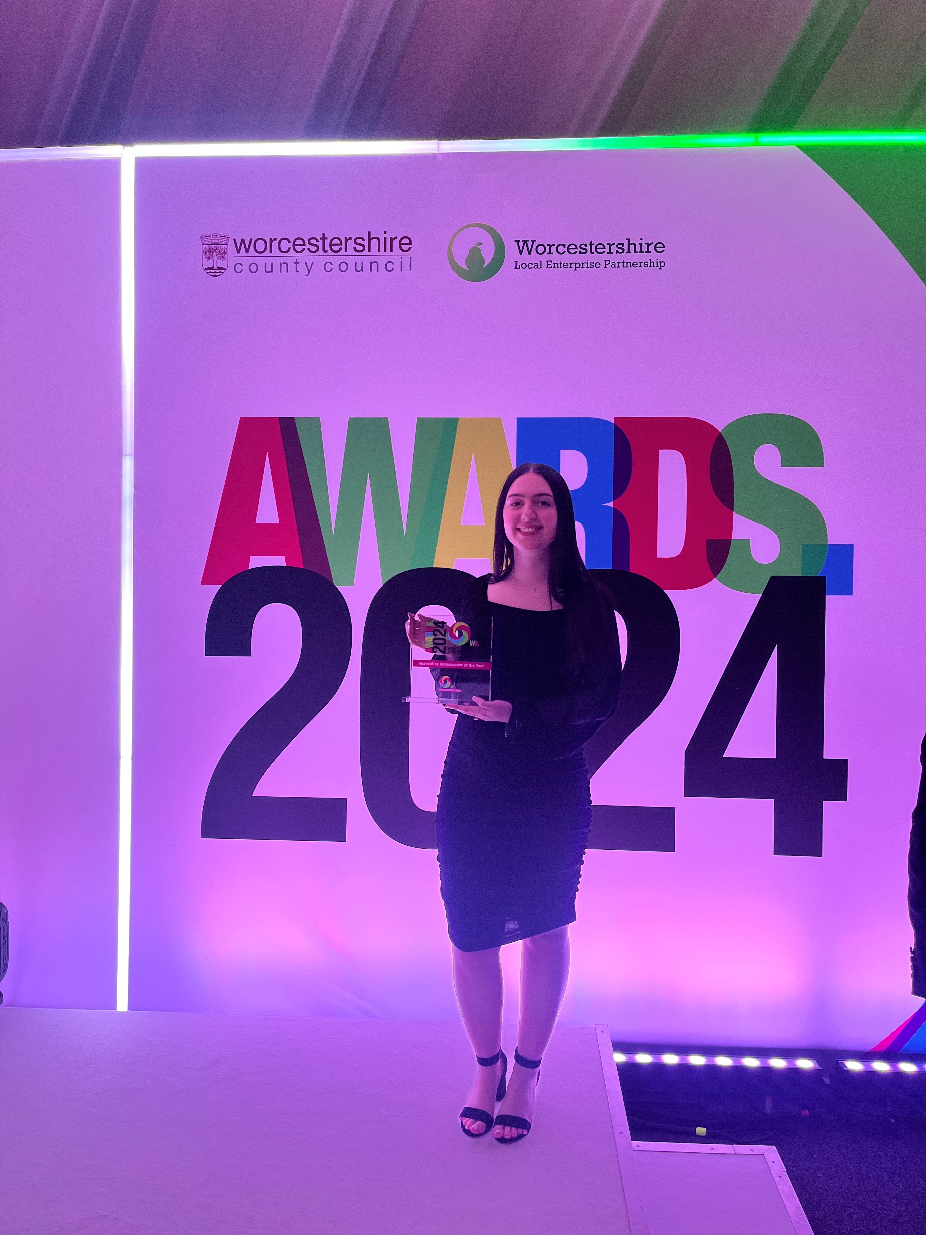 Katie Davies receiving her award of Apprentice Ambassador of the Year – recognising her commitment for championing apprenticeships to others. At the Worcestershire apprenticeship awards 2024.