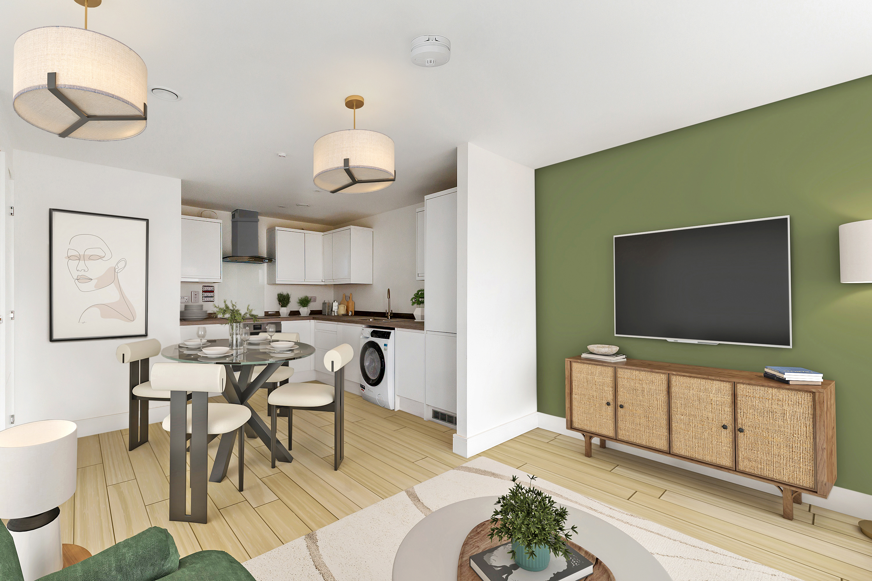 An open plan living room - kitchen area that is primarily coloured white and dark green, it is sleek and fitted with white goods and a wall mounted television