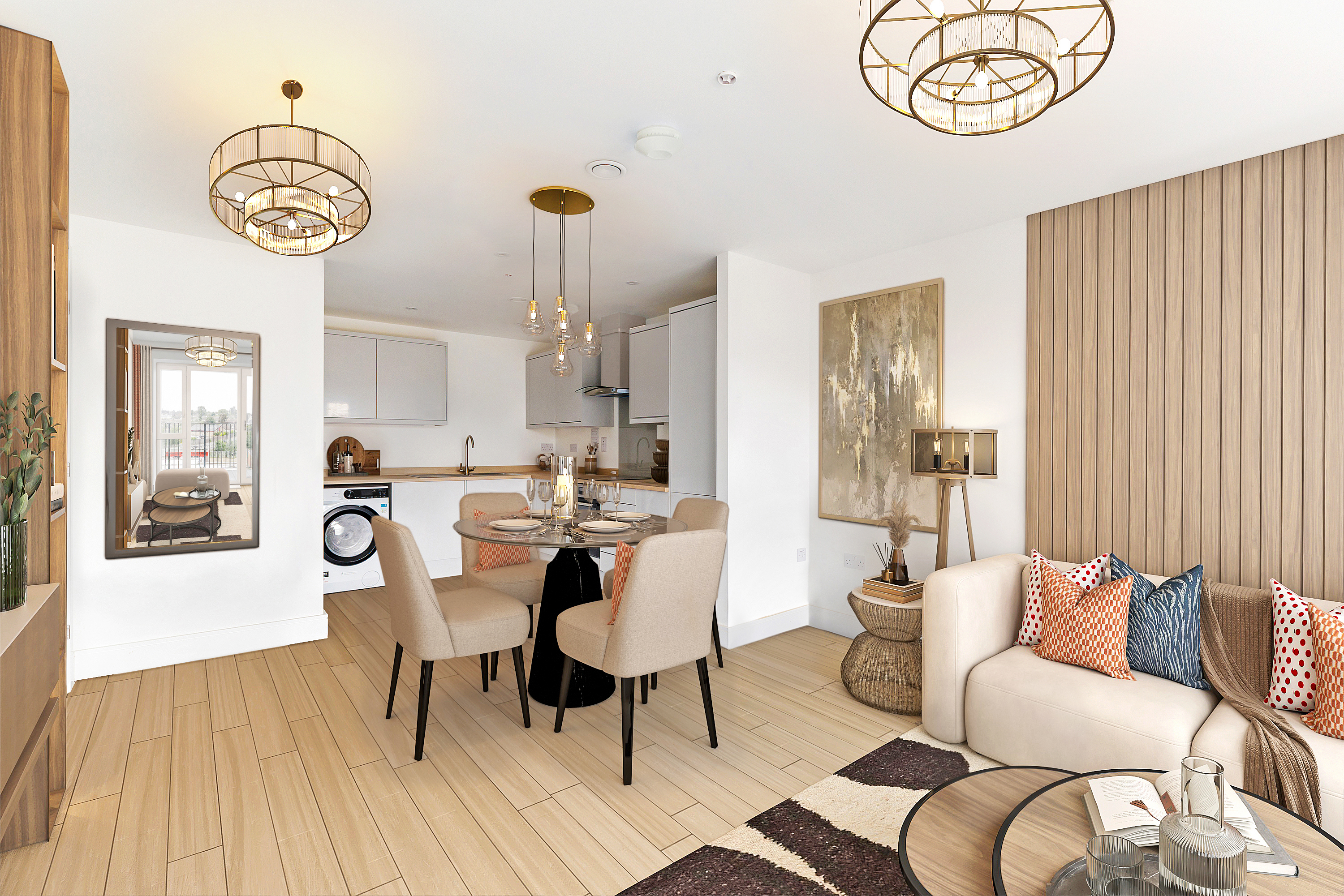 An open plan living room - kitchen area that is primarily coloured white and beige, it is sleek and fitted with white goods