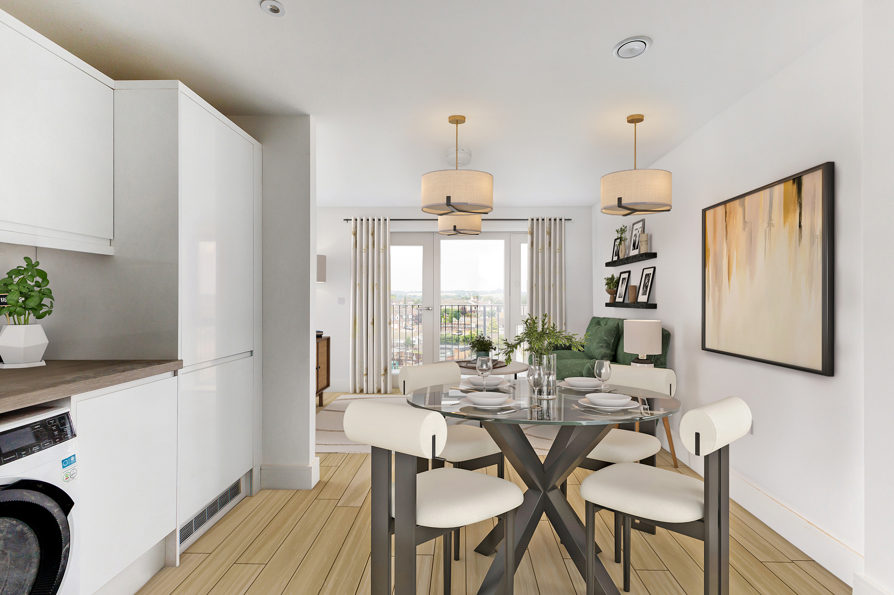 A modern dining area coloured primarily white and light beige with black accents, in the back of the image you can see glass doors leading to a balcony area