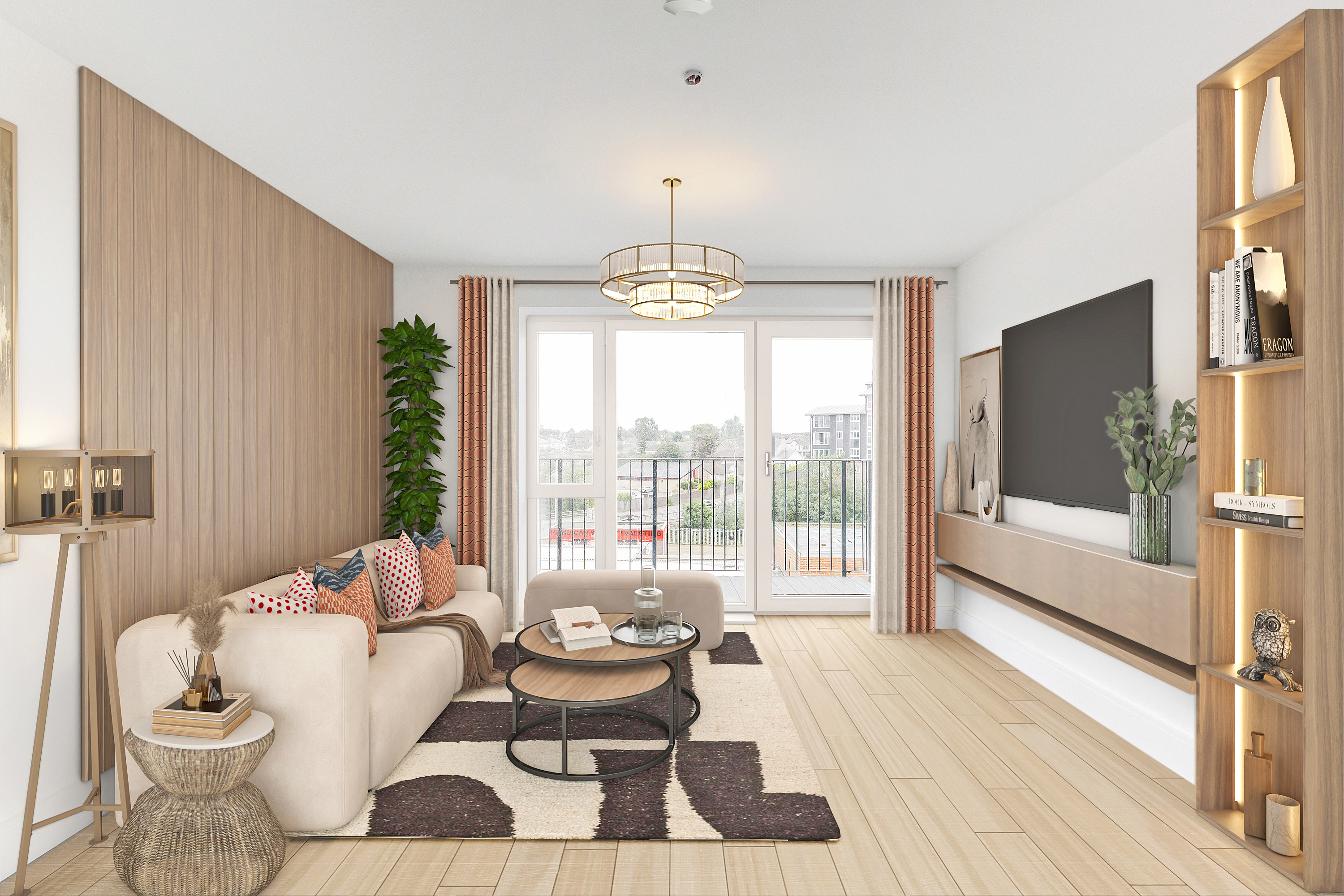 A light beige modern sitting room accented with white, a cream coloured sofa sits opposite a wall mounted television and to its left is large glass doors leading to a balcony