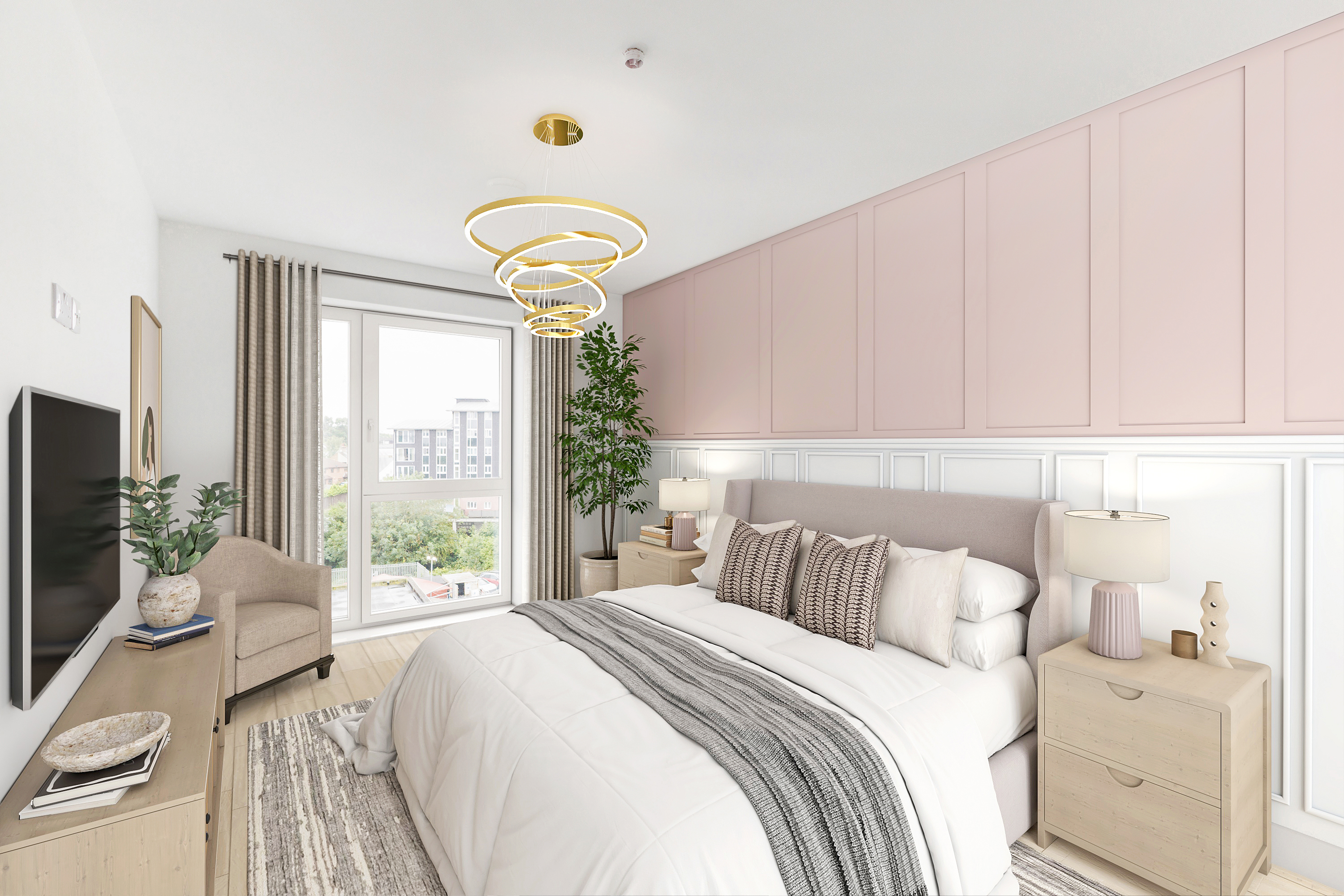 A modern bedroom coloured white and beige with pink accents, a wall mounted television sits opposite the bed 