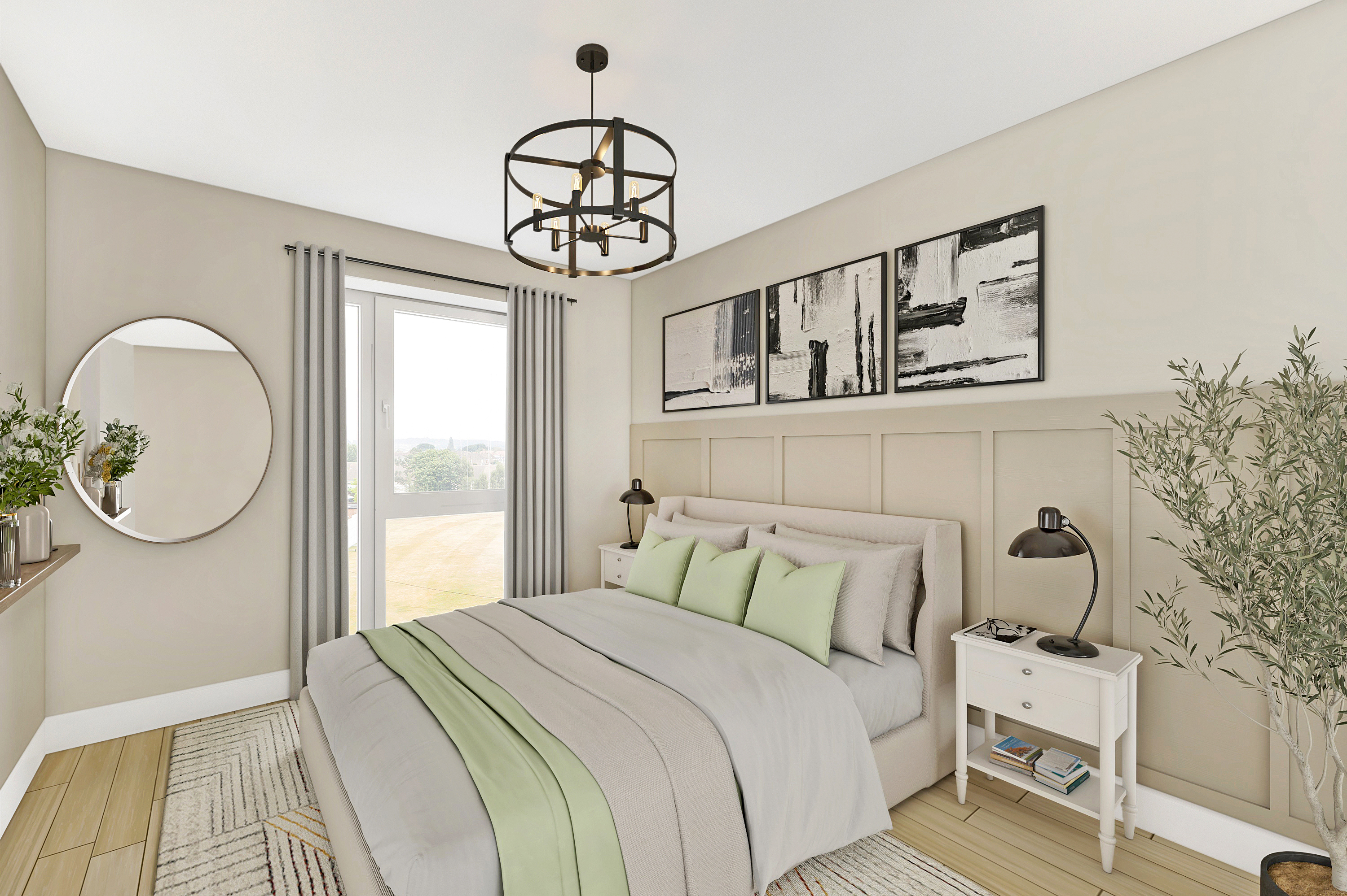 A quaint, modern bedroom coloured white and beige with light green accents, there is a door to a balcony area and modern art on the wall above the bed