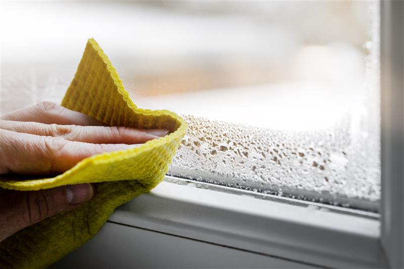 Hand wiping condensation from a window, showing early signs of damp.