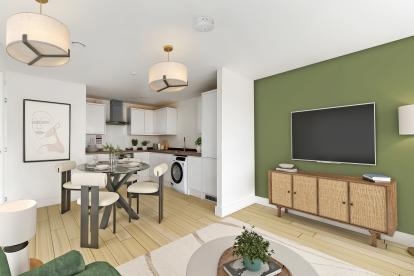 An open plan living room - kitchen area that is primarily coloured white and dark green, it is sleek and fitted with white goods and a wall mounted television