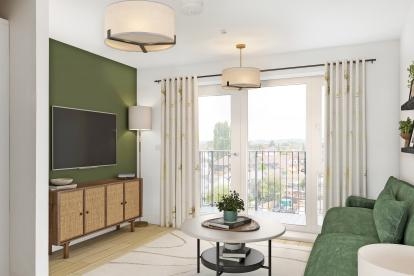 A dark green modern sitting room accented with white and beige, a dark green sofa sits opposite a wall mounted television and to its right is large glass doors leading to a balcony