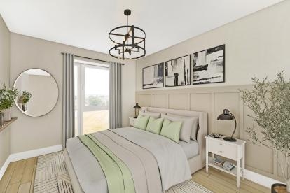 A quaint, modern bedroom coloured white and beige with light green accents, there is a door to a balcony area and modern art on the wall above the bed