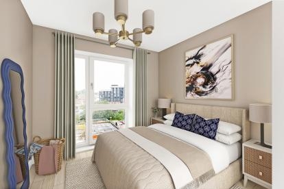 A modern bedroom coloured beige with navy blue accents, a quirky, modern style mirror sits opposite the bed and modern art is mounted above it 