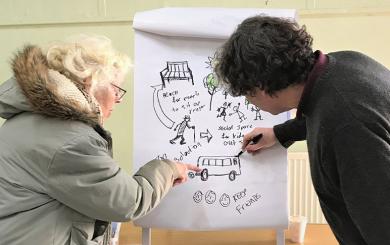 Graphic facilitator Tom Cross drawing and mapping out people’s ideas on the positive changes that could be made.