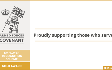 Armed Forces Covenant Employer Recognition Scheme Gold Award logo with the text “Proudly supporting those who serve”.