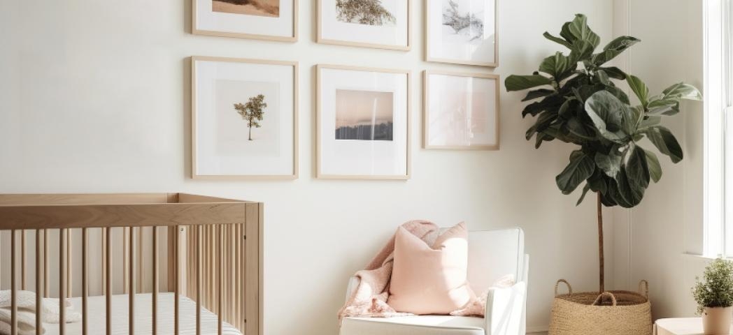 A neutrally decorated children's room with a cot and prints hanging on the wall