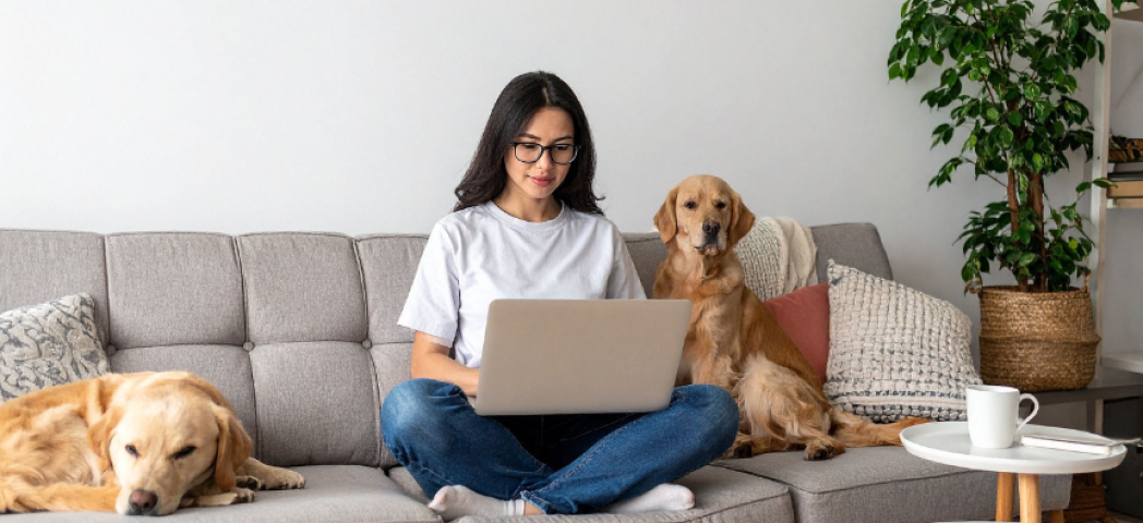 A woman sits on a plush grey sofa on her laptop with two labradors relaxing next to her