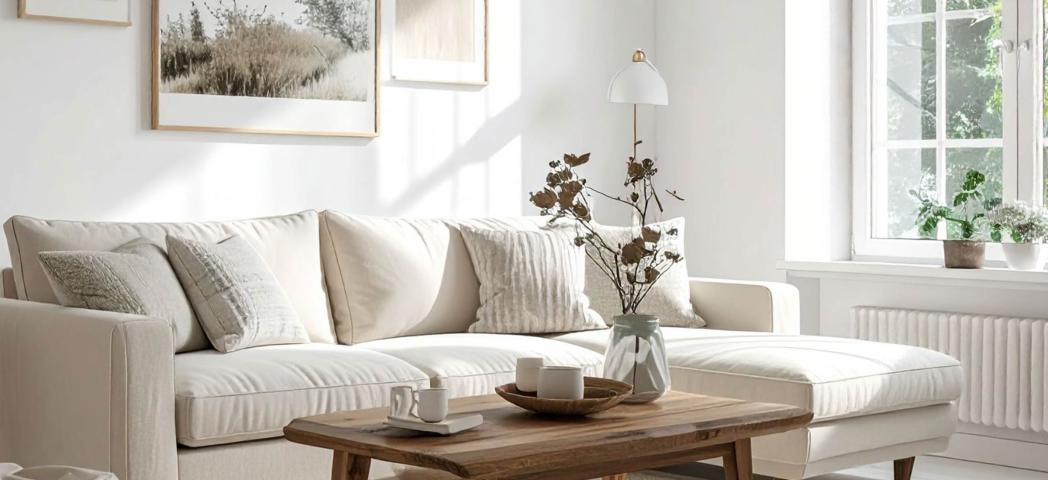 Bright living room with a cream sectional sofa, neutral cushions, and a wooden coffee table topped with cups and a vase of dried flowers. Large window with white frame lets in natural light, and minimalist wall art decorates the space.