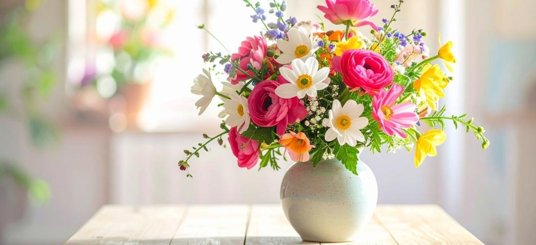 Pink, white and yellow flowers in a cream vase placed on a wooden table in a brightly lit room. 