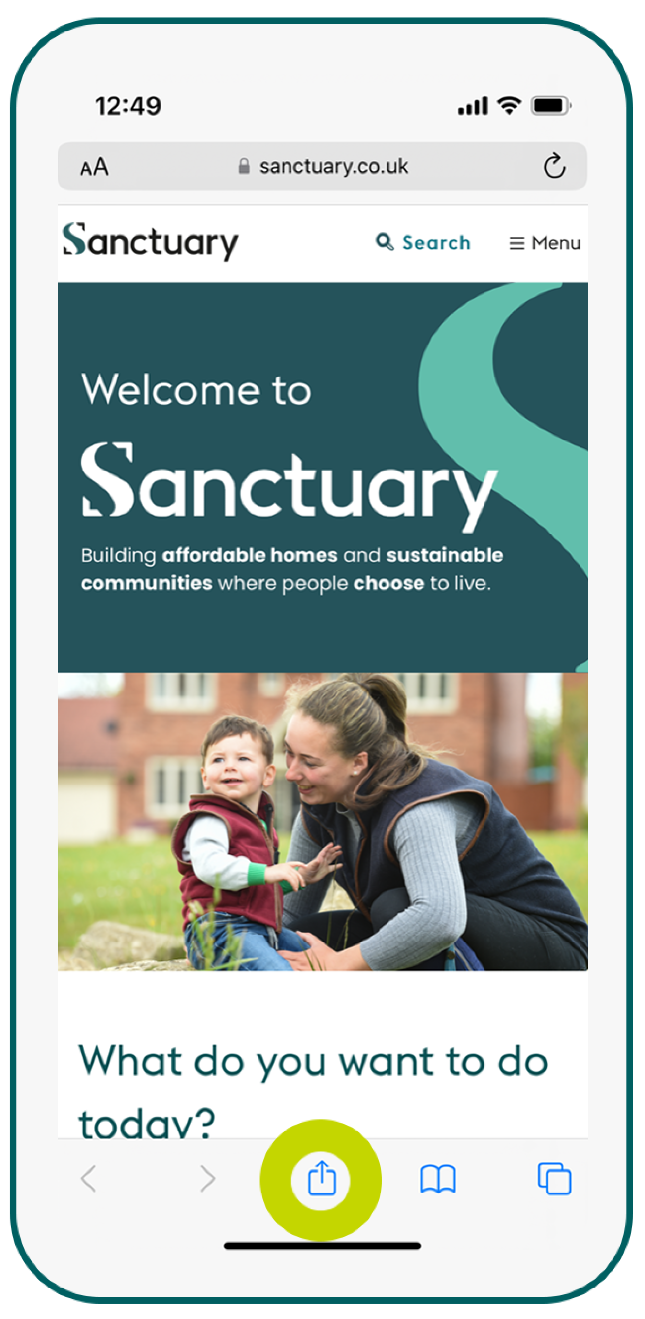 Add Webpage to Home Screen - Step 1 Phone screen showing the Sanctuary website.