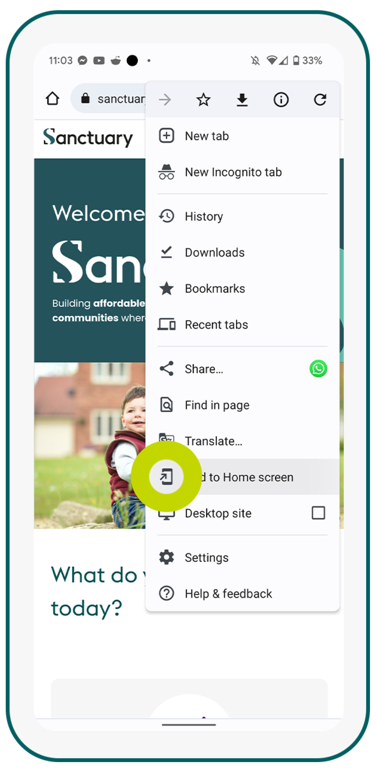 How to add a web page to home screen - Step 2 Image showing how to add a web page to home screen - Step 2