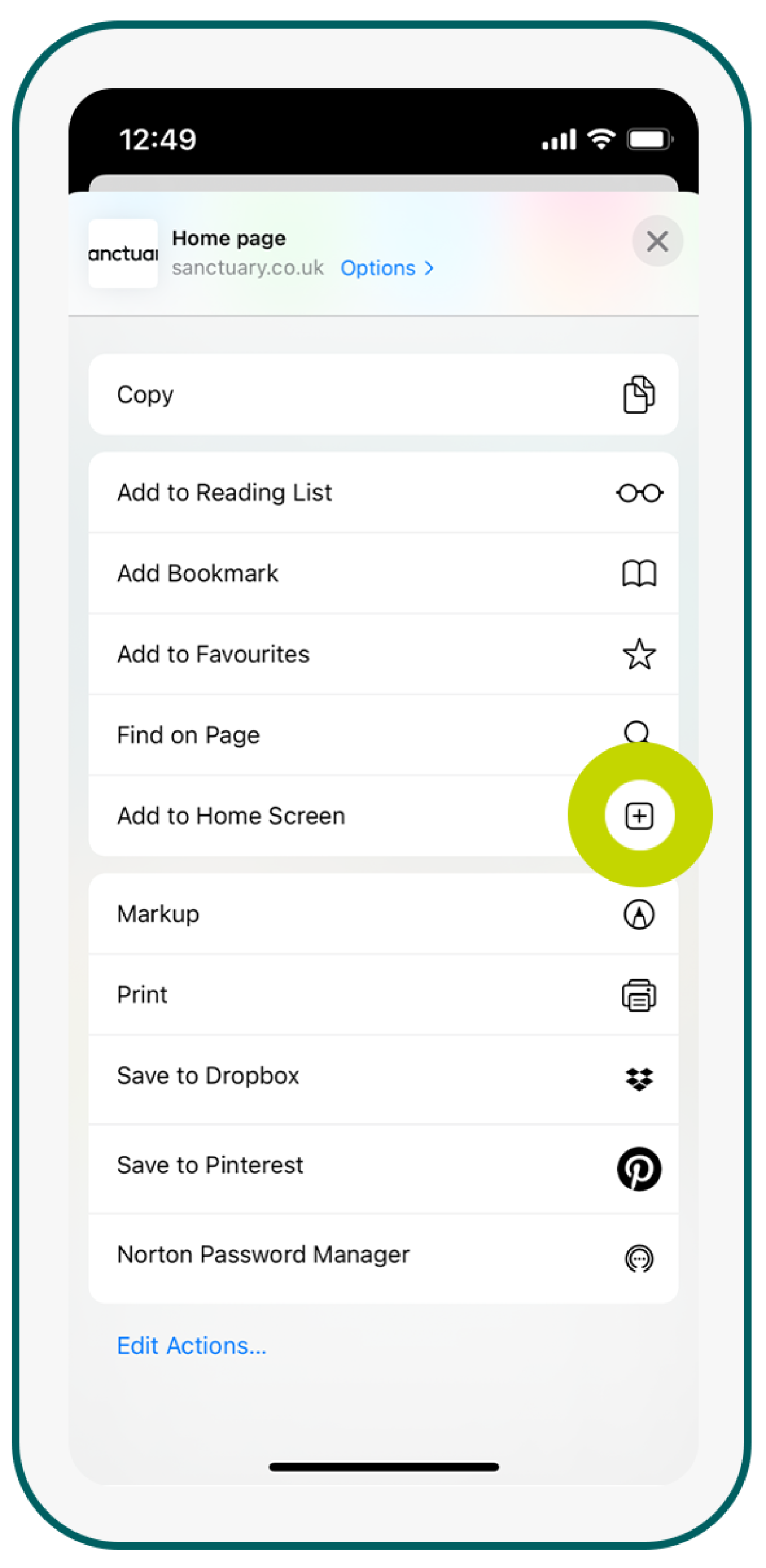 Add Webpage to Home Screen - Step 2 Phone screen showing the Sanctuary website.