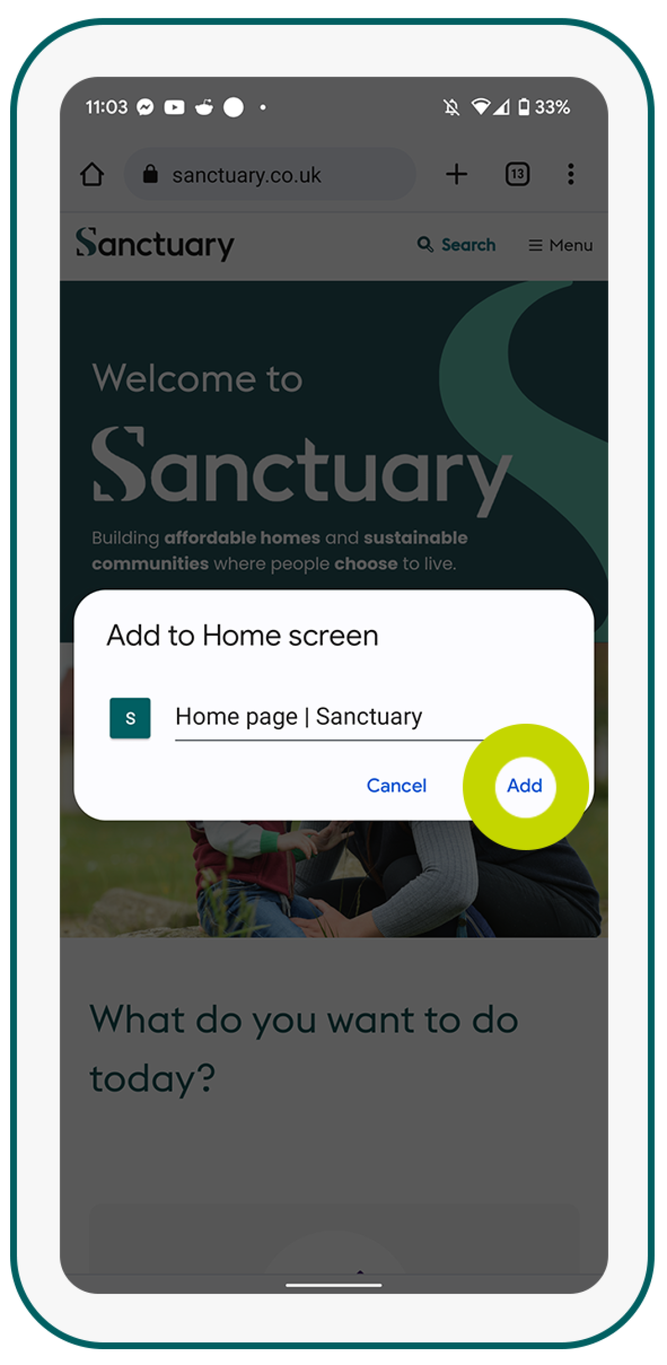 How to add a web page to home screen - Step 3 Image showing how to add a web page to home screen - Step 3