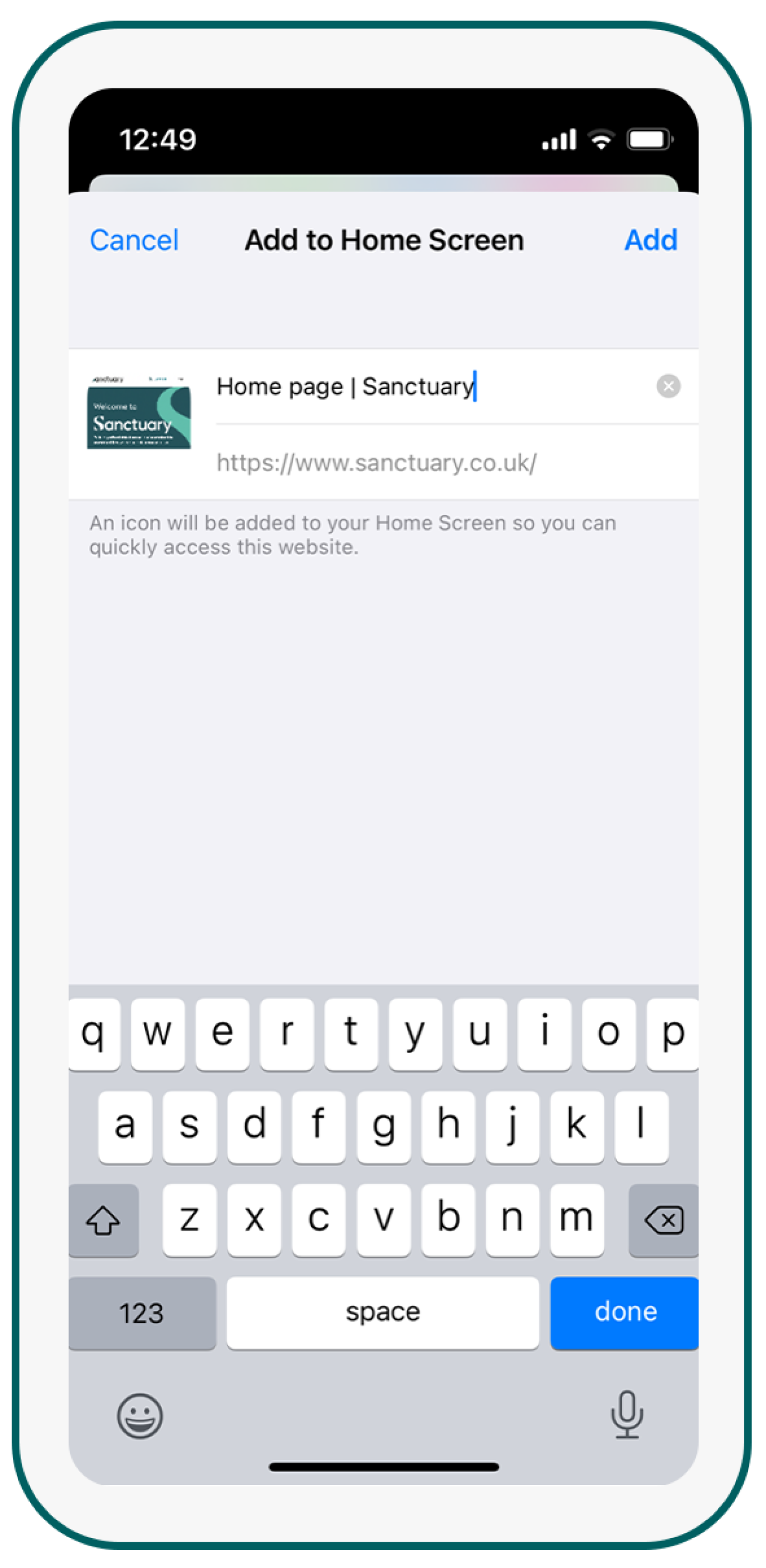 Add Webpage to Home Screen - Step 3 Phone screen showing the Sanctuary website.