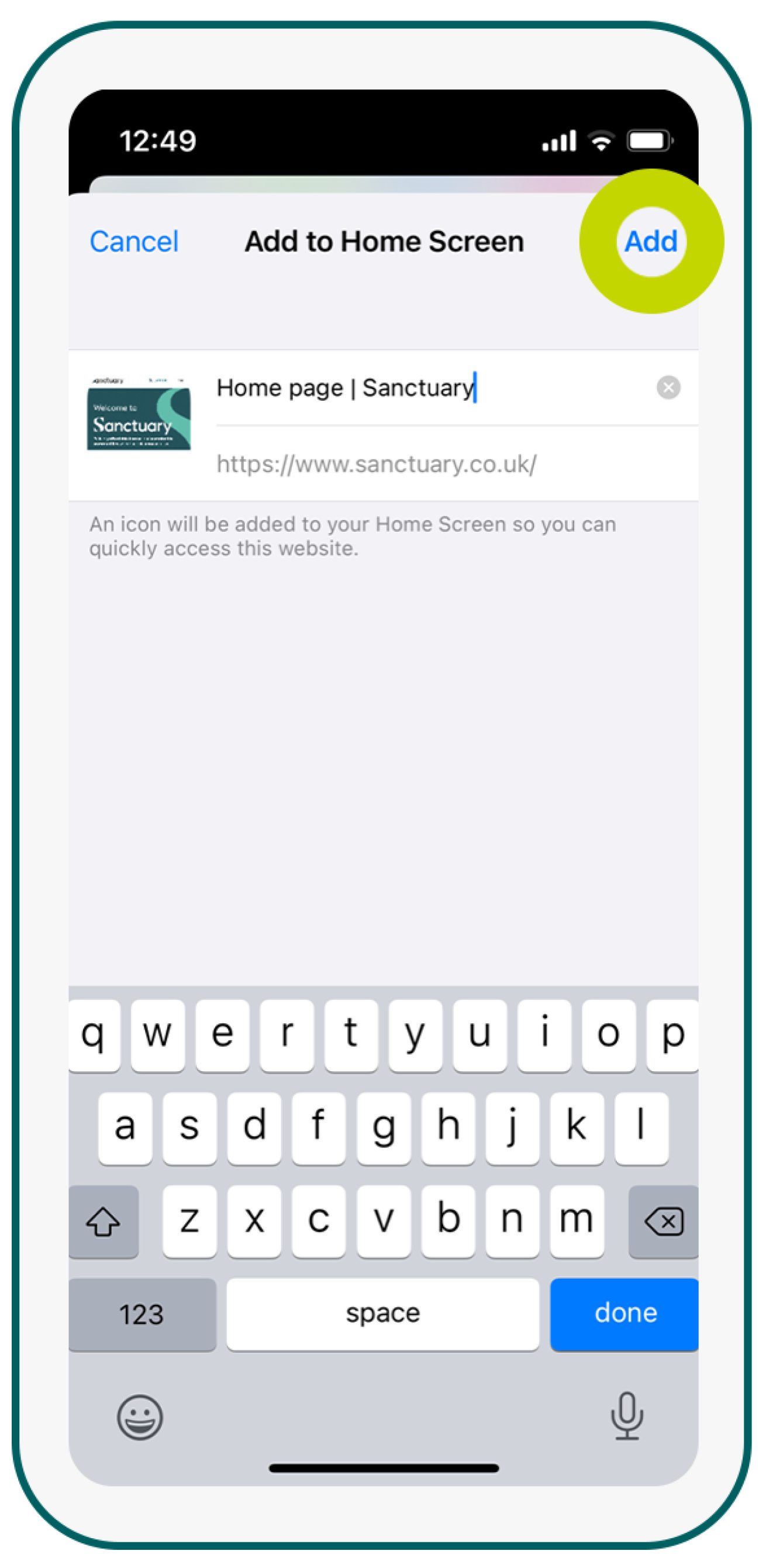 Phone screen showing the Sanctuary website.