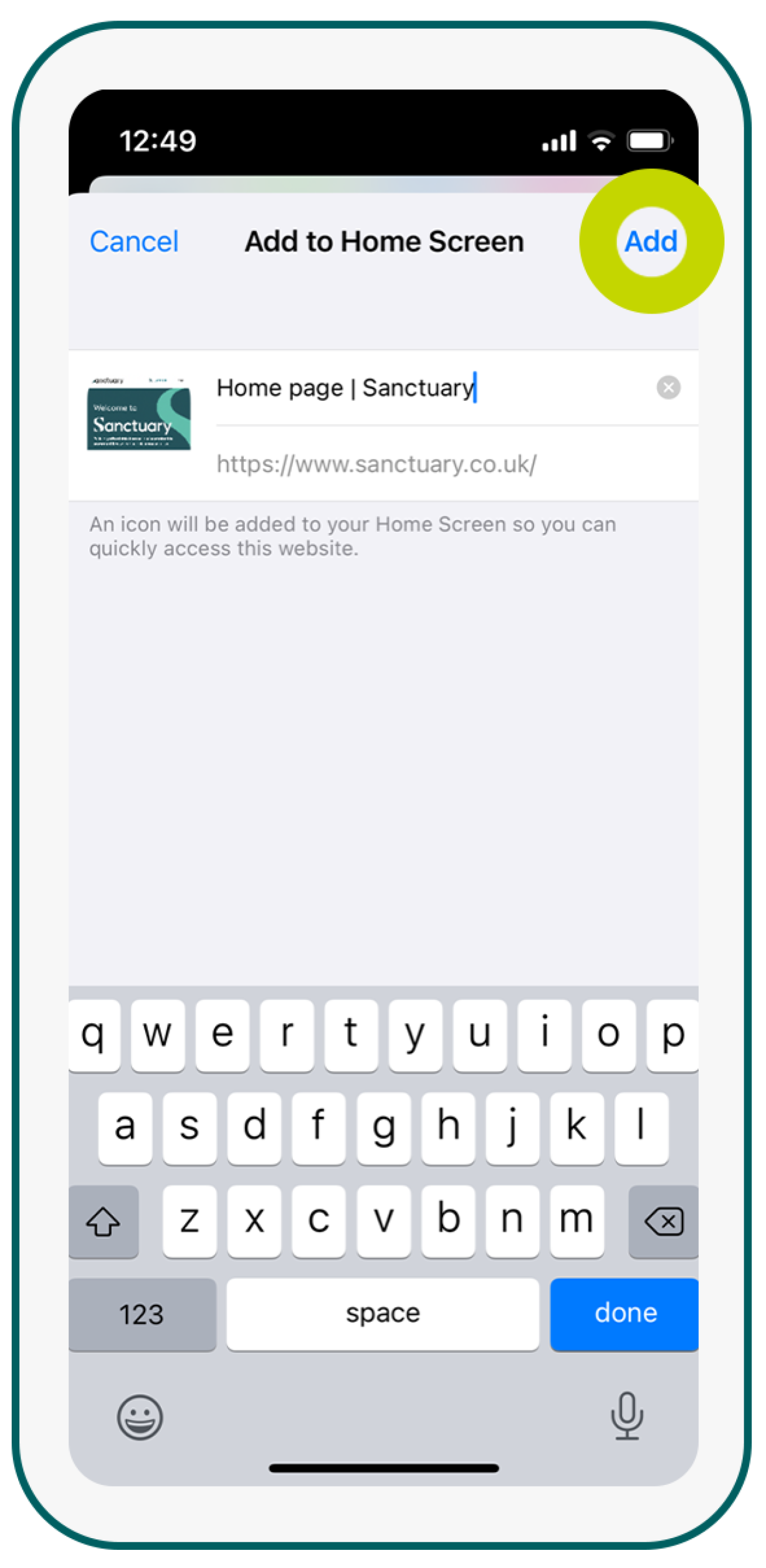 Add Webpage to Home Screen - Step 4 Phone screen showing the Sanctuary website.