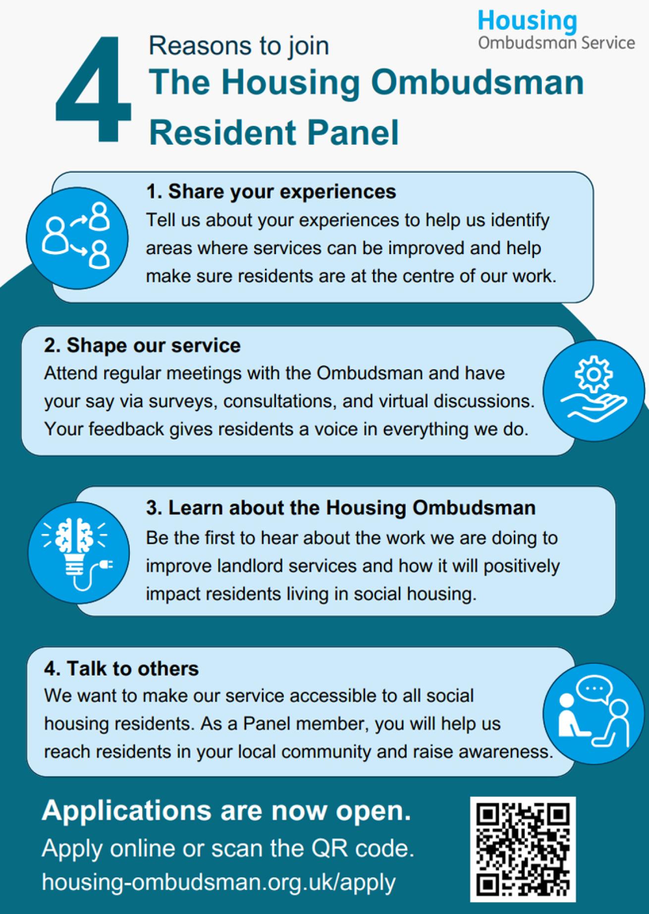 Housing Ombudsman Resident Panel poster which details the application process