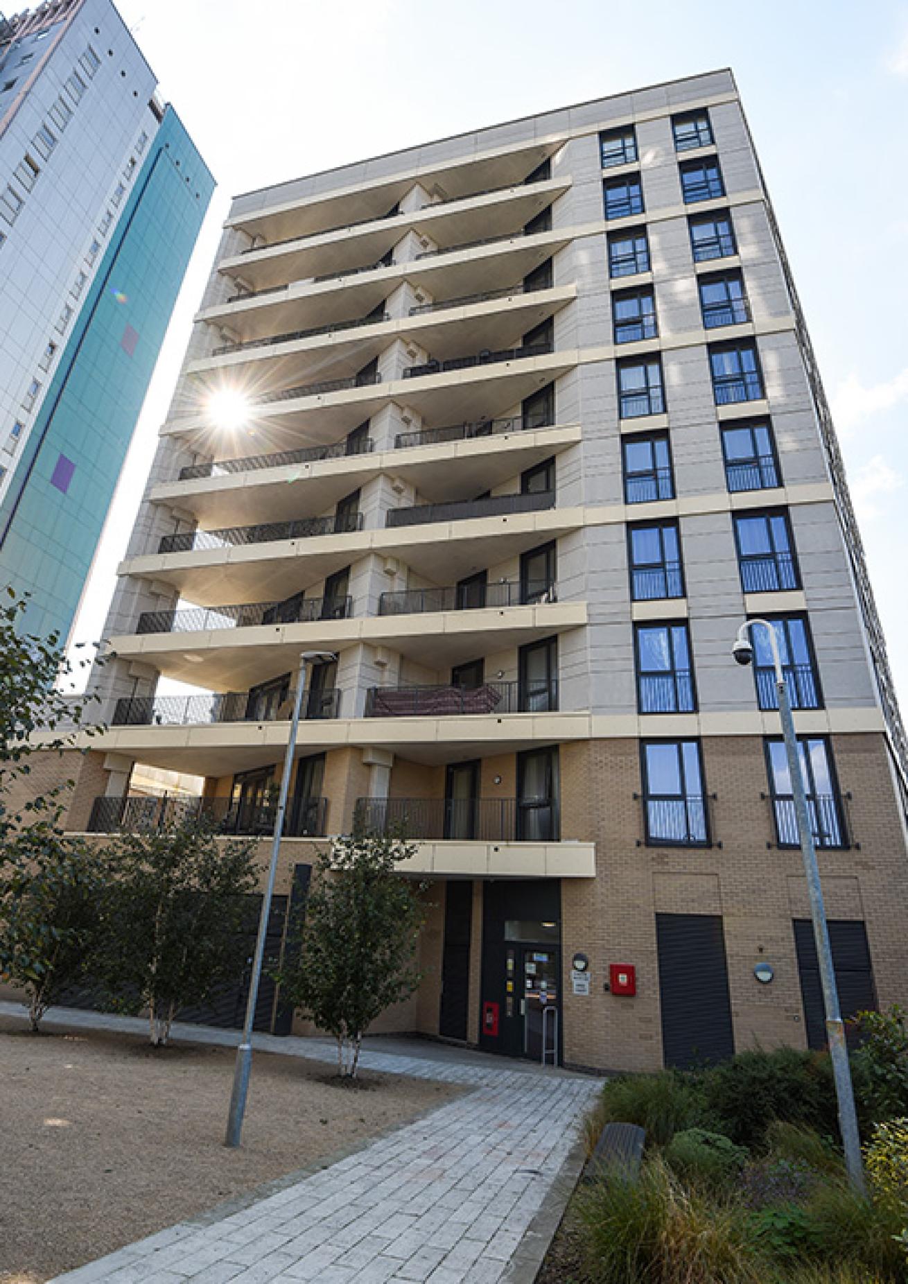 Exterior image of the high-rise apartments of Kirby Court.