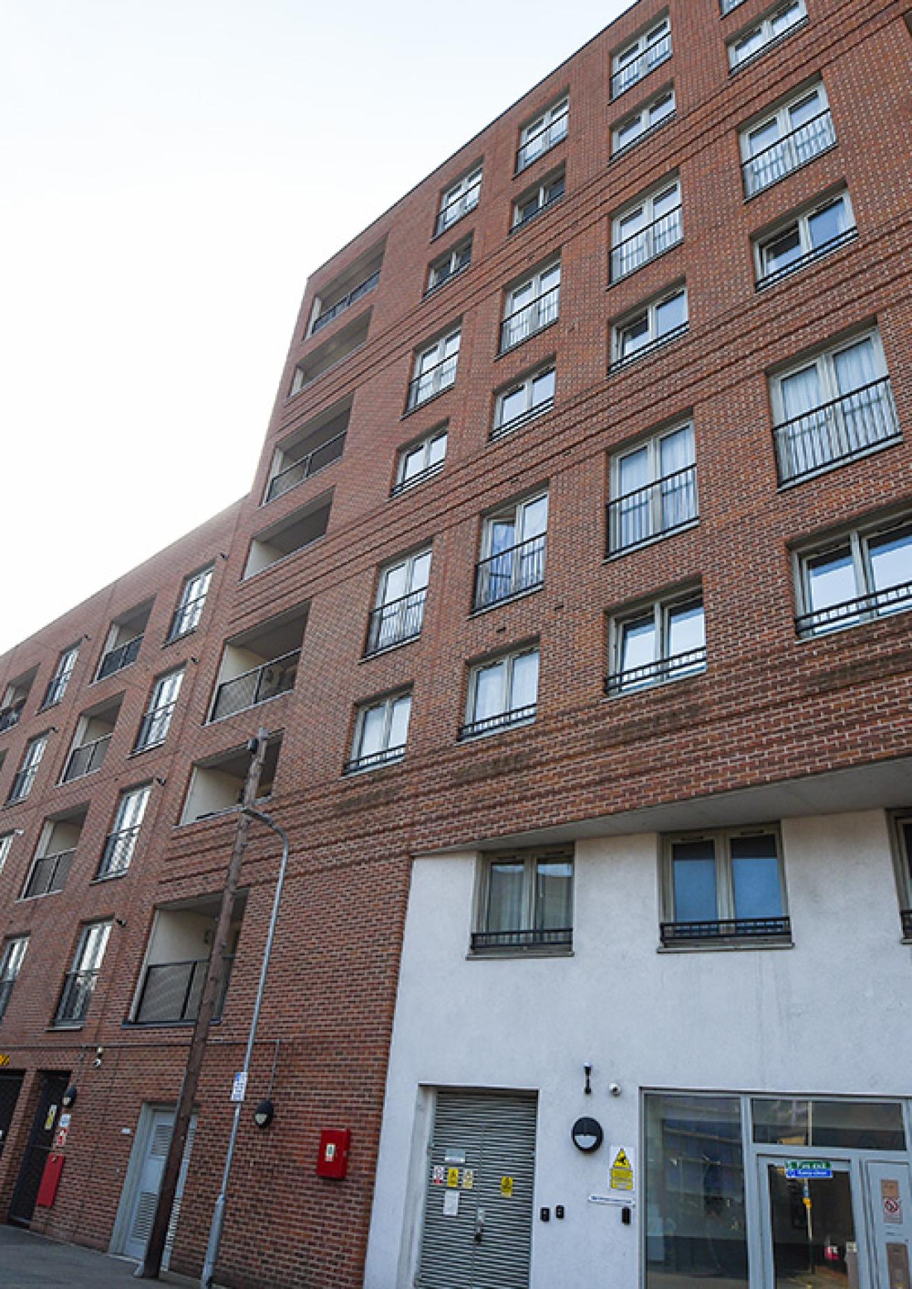 Leyland Court exterior Exterior image of the high-rise apartments of Leyland Court.