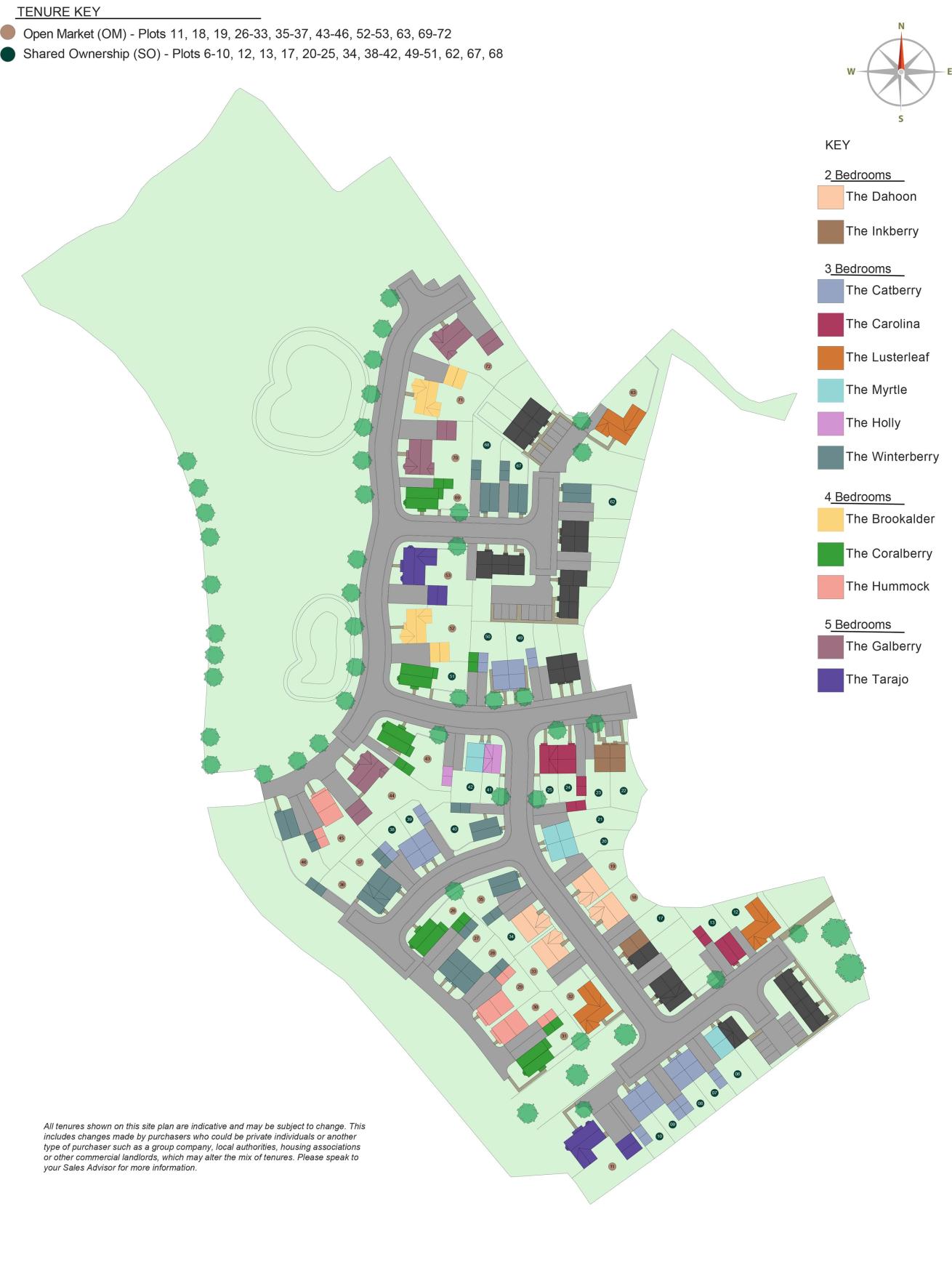 Callows Rise site plan featuring winding roads, landscaped areas, and color-coded plots for various house types