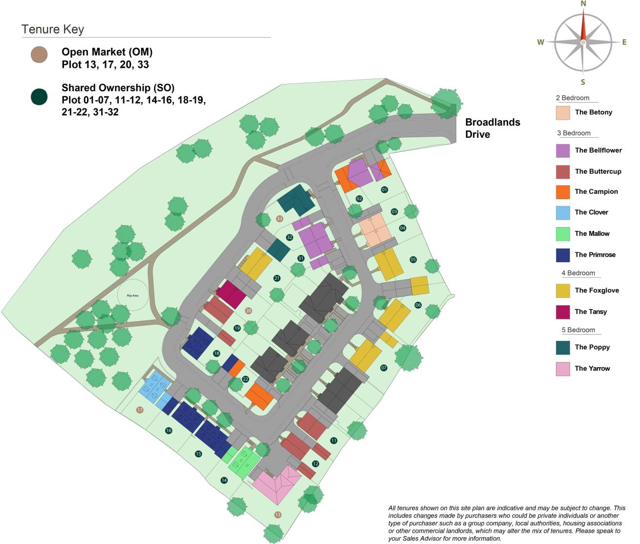 Coppice View site plan with curved roads, green spaces, and color-coded plots for 2, 3, 4, and 5-bedroom homes.