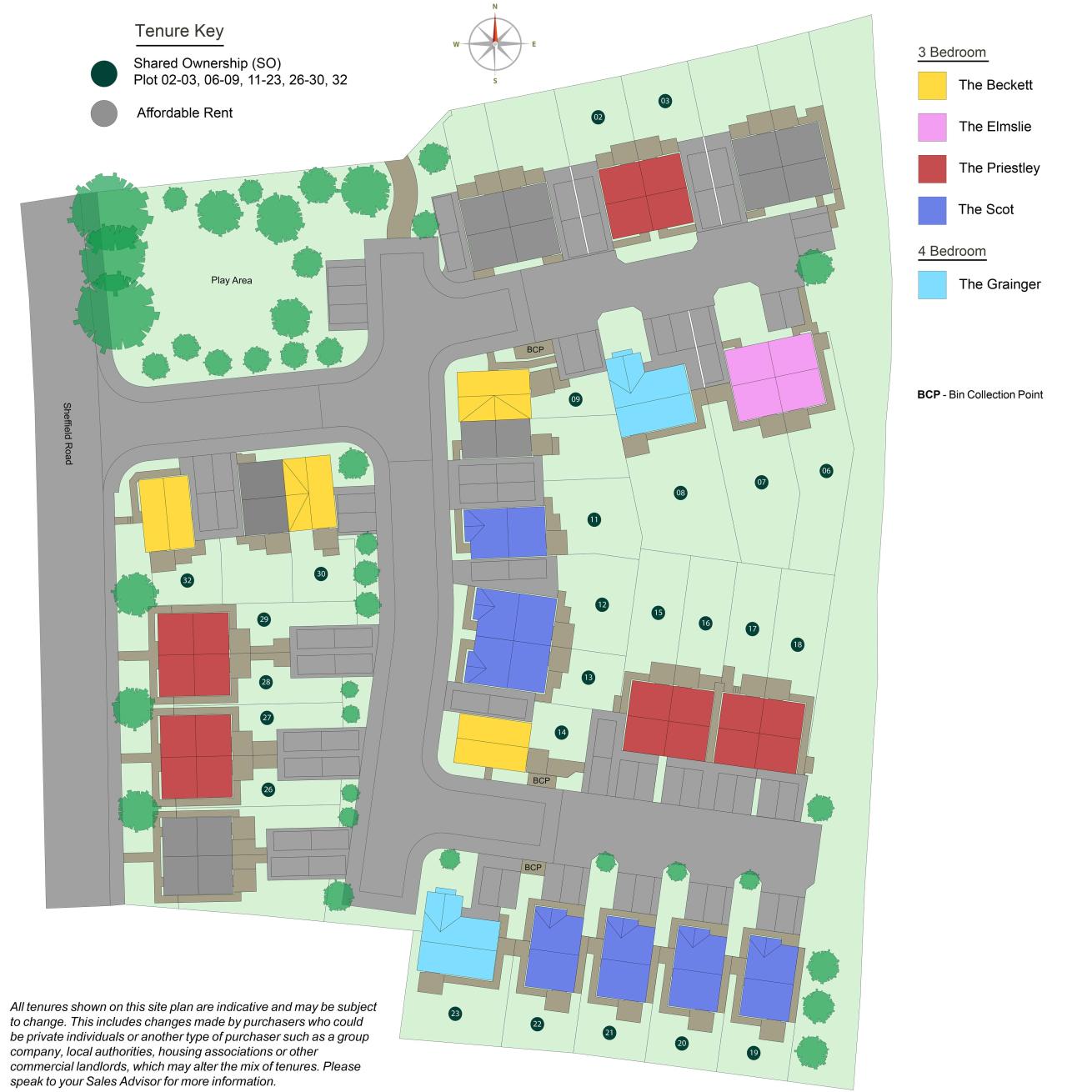 The Boatyard site plan with streets, landscaped areas, and color-coded plots for 3 and 4-bedroom homes and tenure options