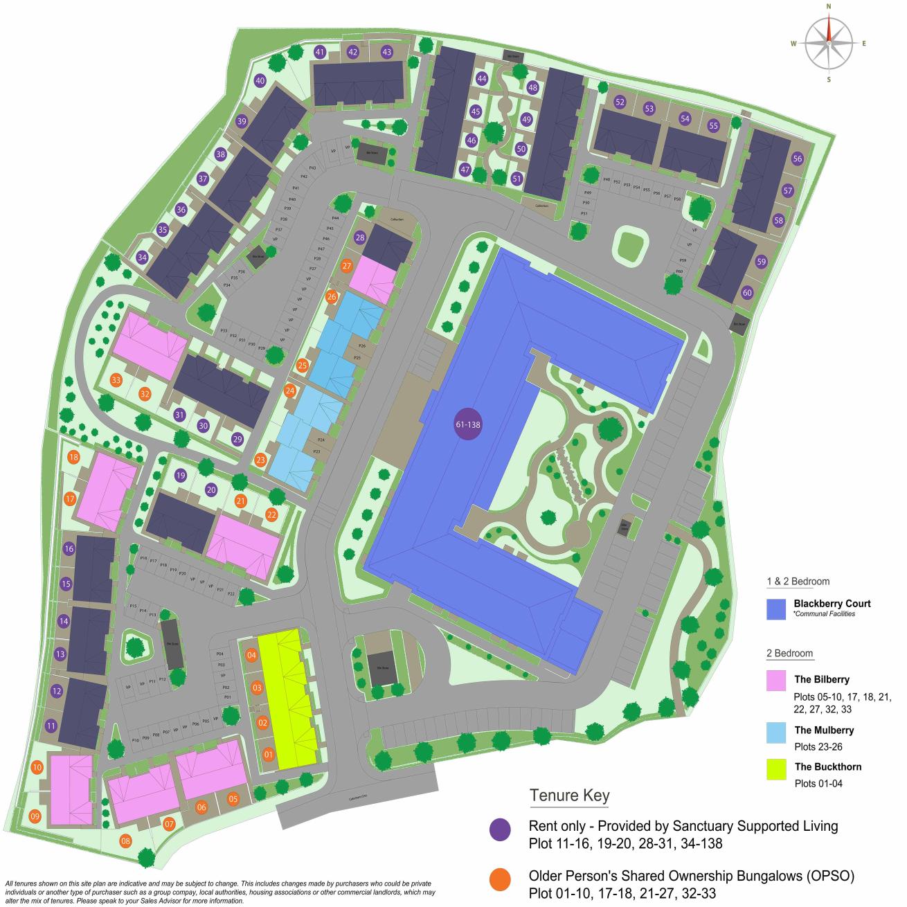 The Maples site plan showing roads, landscaped areas, and color-coded plots for different house types and tenure options