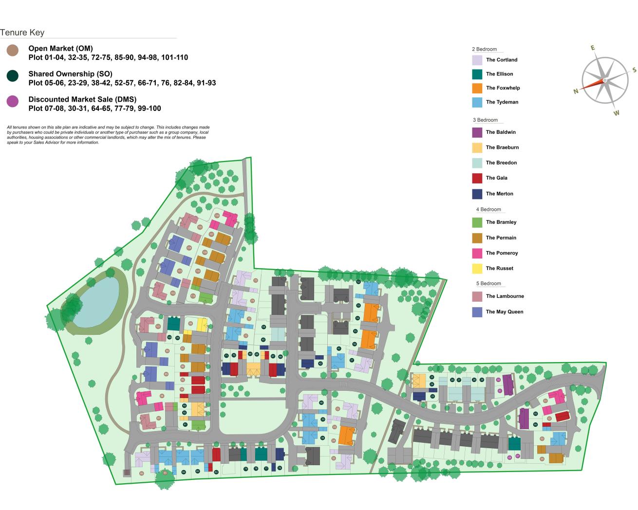 The Orchards site plan showing residential layout with green spaces, roads, and color-coded plots for house types and tenure