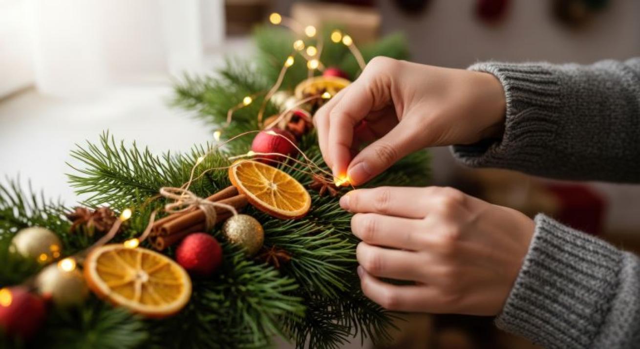 Hands decorating a Christmas garland with dried orange slices, baubles, and string lights for festive holiday decor.