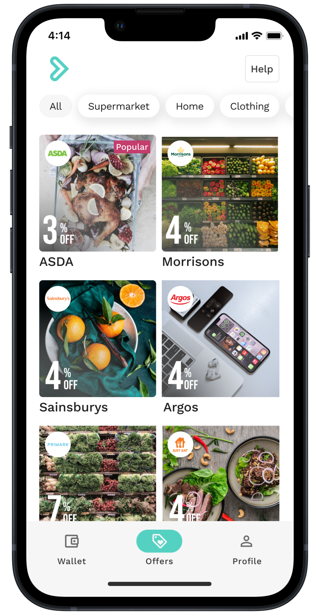 App screen shows shopping deals with tabs for All, Supermarket, Home and Clothing, plus discount tiles from ASDA, Morrisons, Sainsbury’s and Argos.