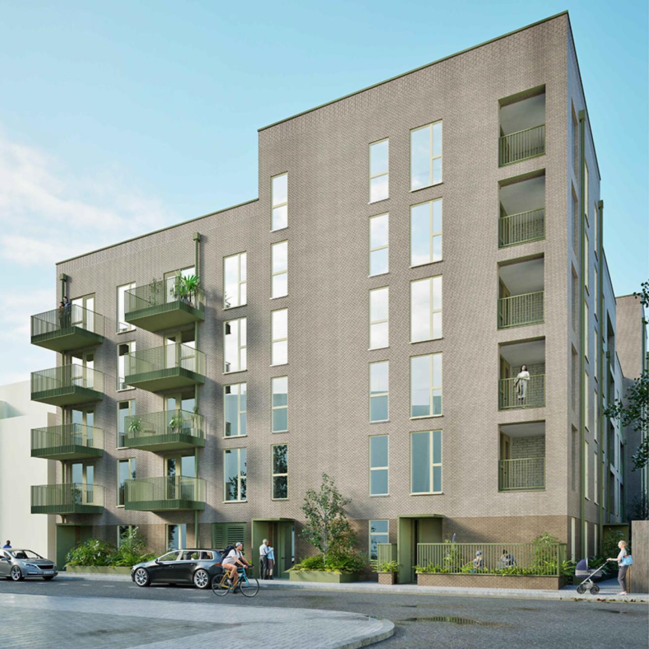 Modern six-storey apartment building with balconies, street-level landscaping in Tower Hamlets London