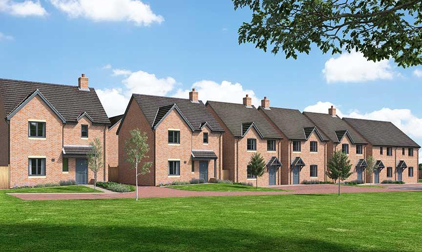 A computer-generated image showing a row of new-build houses at a Sanctuary new homes development.