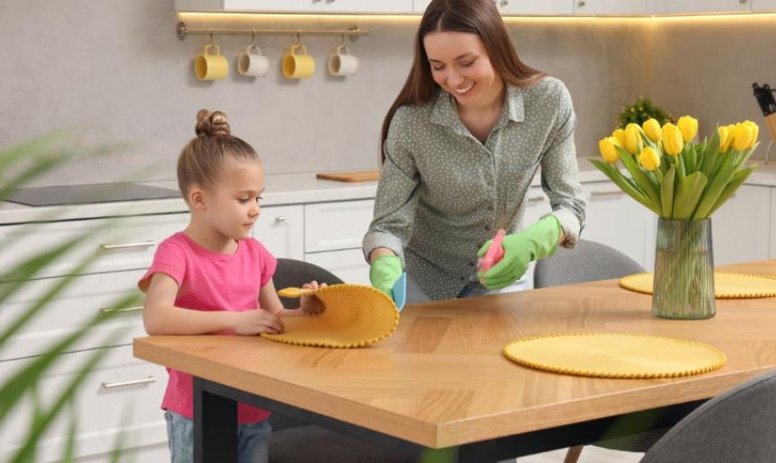 A mother and daughter cleaning their kitchen