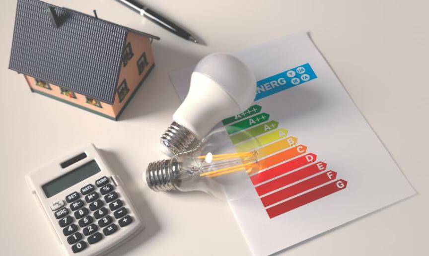 Centrally are two energy saving light bulbs resting on top of the energy efficiency paperwork, with a miniature house, standard calculator and pen scattered around them on a desk.
