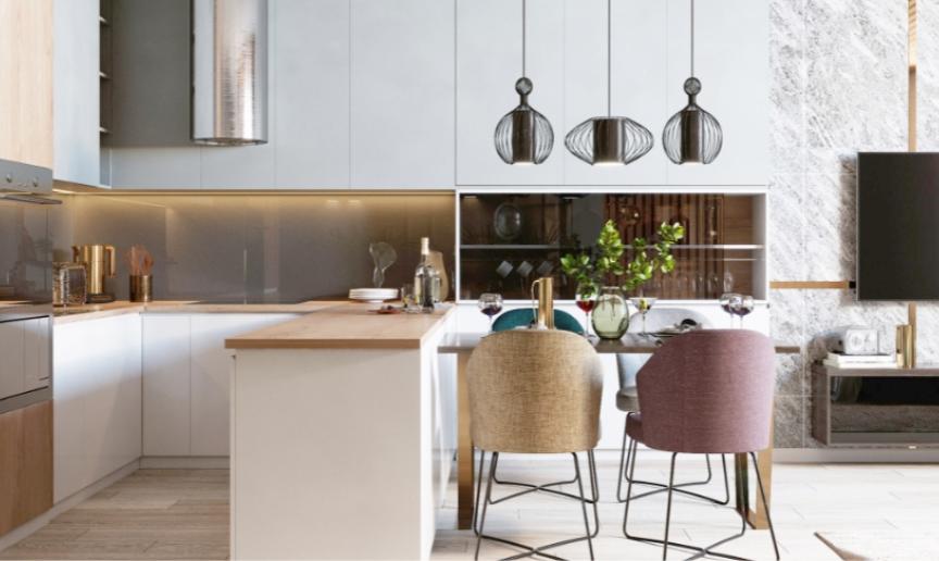 A large, open plan kitchen, dining and living area which is modern and clean