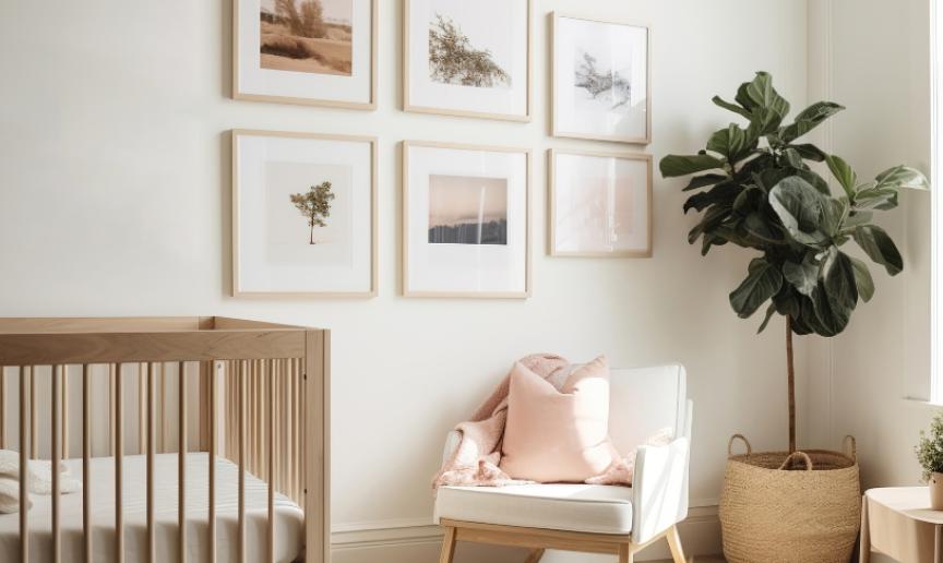 A neutrally decorated children's room with a cot and prints hanging on the wall