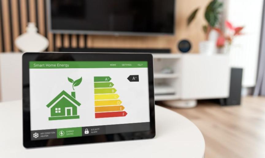 A tablet screen on a table in a modern new build home showing an EPC report 
