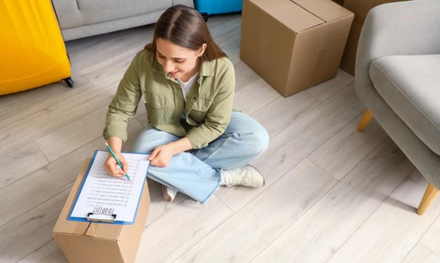 Woman sat on the floor and ticking off items from her moving day checklist while leaning on a closed box of possessions