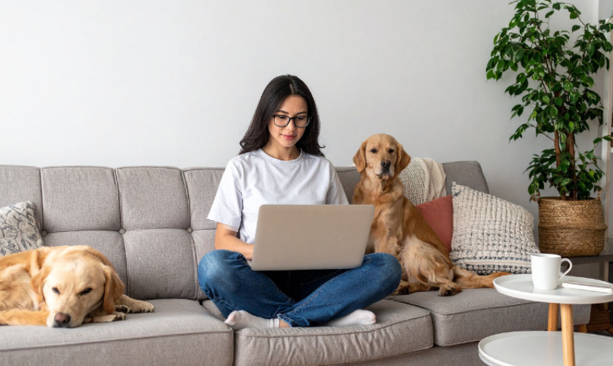 A woman sits on a plush grey sofa on her laptop with two labradors relaxing next to her