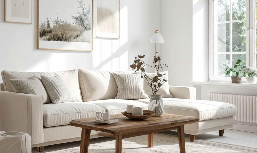 Bright living room with a cream sectional sofa, neutral cushions, and a wooden coffee table topped with cups and a vase of dried flowers. Large window with white frame lets in natural light, and minimalist wall art decorates the space.