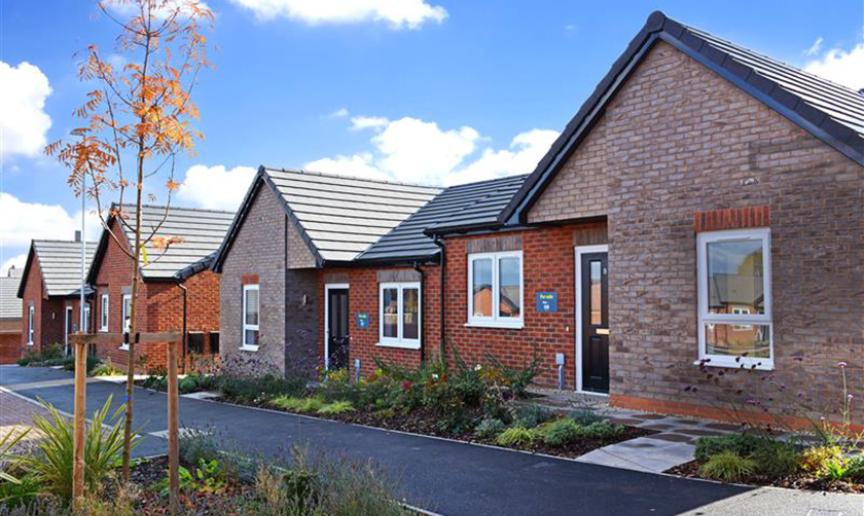Row of modern single-story brick houses with pitched roofs, featuring a mix of red and brown brickwork. Each home has white-framed windows and a black front door. A landscaped front garden with shrubs and a young tree lines the paved pathway, under a bright blue sky with scattered clouds.