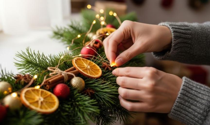 Hands decorating a Christmas garland with dried orange slices, baubles, and string lights for festive holiday decor.