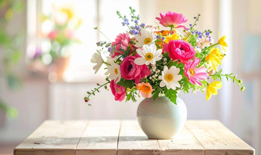 Pink, white and yellow flowers in a cream vase placed on a wooden table in a brightly lit room. 