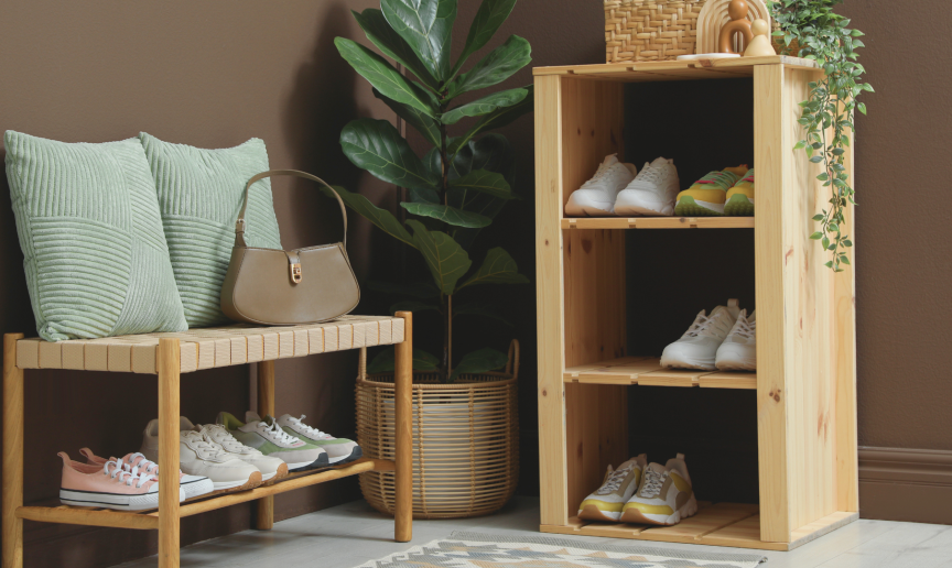 Wooden shoe bench and shelving unit with neatly arranged shoes, cushions, a handbag, and a houseplant.